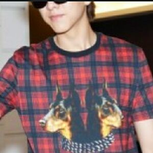 Givenchy Double Doberman Dog Red Tartan Plaid T-shirt, Highend Punk